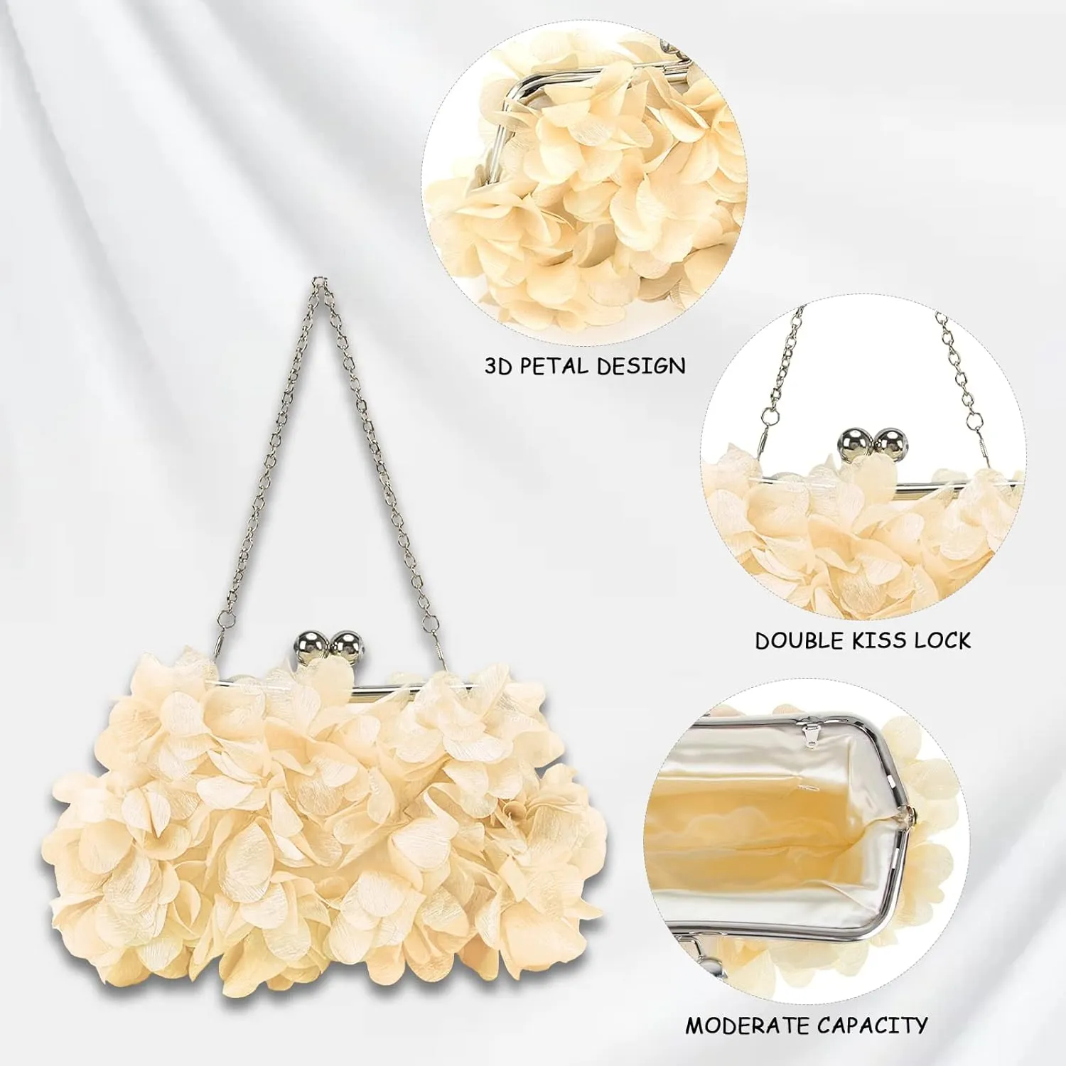 Women Elegant Evening Purse, Small Floral Clutch Bag with Detachable Chain for Wedding, Party, Prom