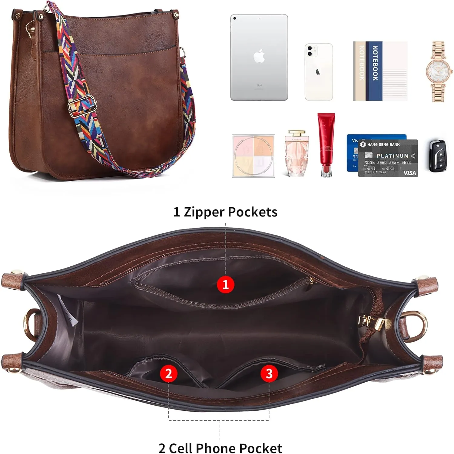 Women Shoulder Crossbody Bag, Vegan Leather Designer Hobo Handbags Purse with 2 Guitar Straps Bucket Satchel Tote Bag