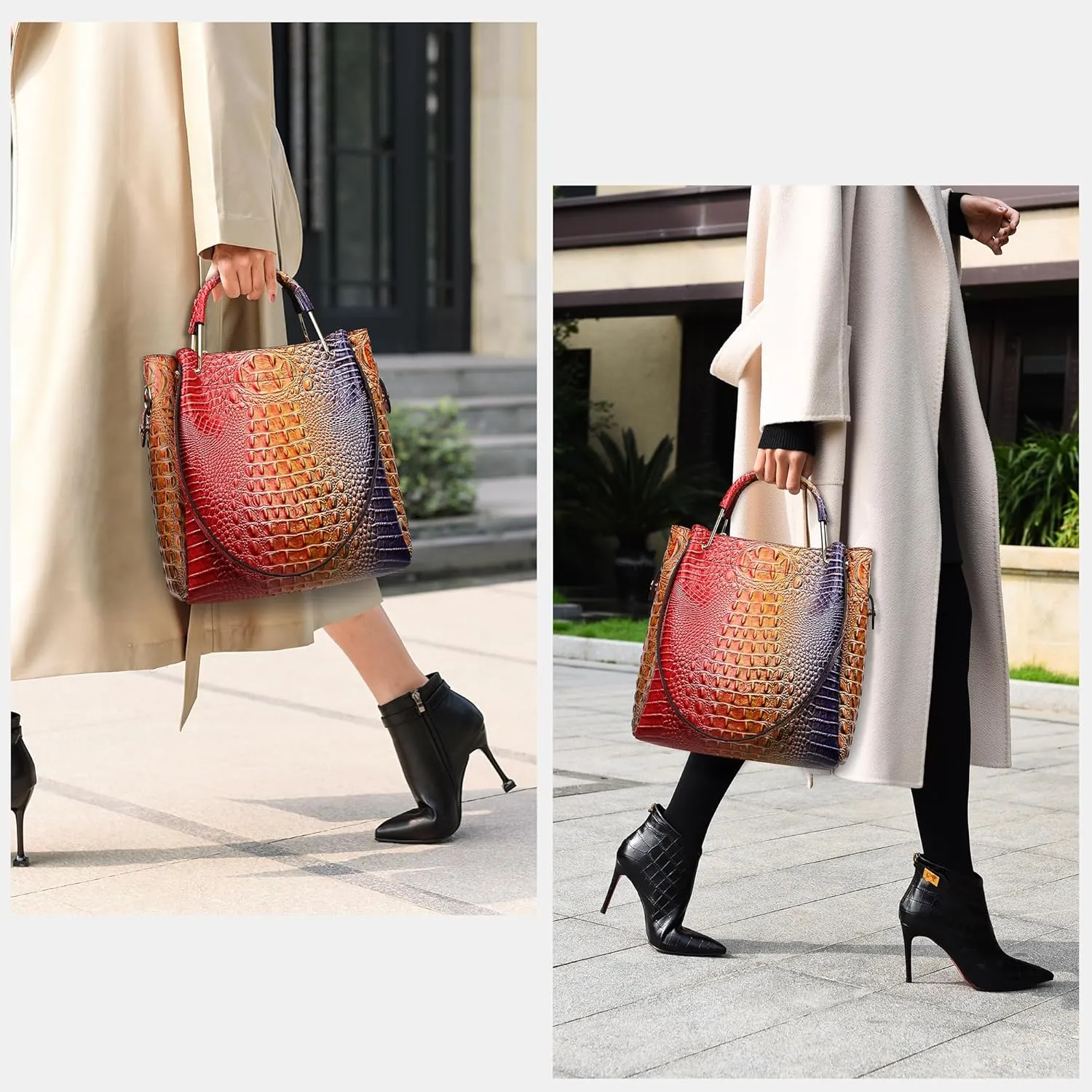 Women's Top Handle Handbags Floral Embossed Tote Bag Vintage Vegan Leather Trendy Bucket Shoulder Satchel Purses