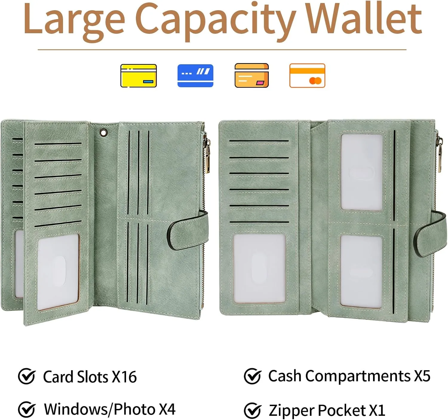Womens Wallet RFID Blocking Large Capacity Credit Card Holder Long Purses for Women with Wristlet Pocket ID Window