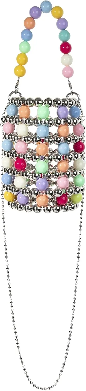 YUSHINY Silver Acrylic Beaded Colored Bucket Evening Handbag with Detachable Strap Chain