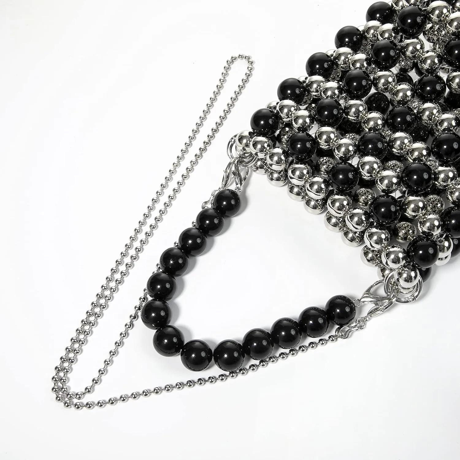 YUSHINY Silver Acrylic Beaded Colored Bucket Evening Handbag with Detachable Strap Chain