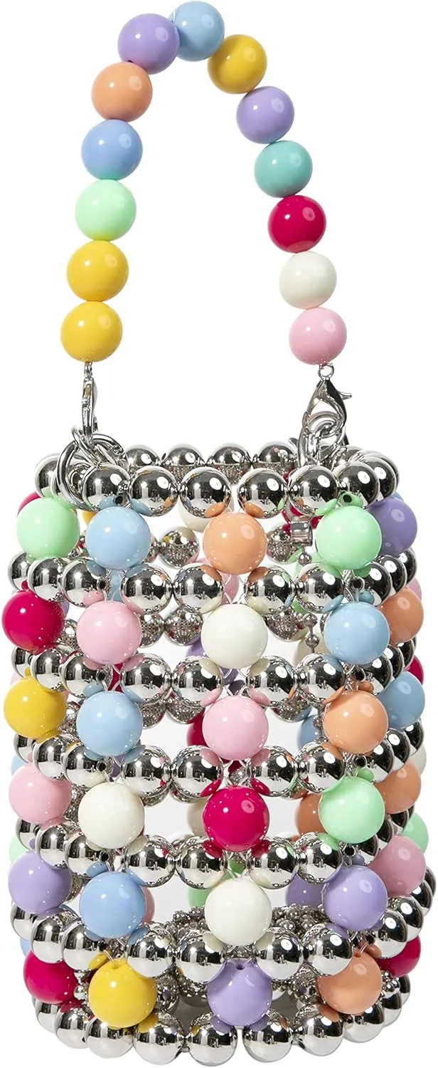 YUSHINY Silver Acrylic Beaded Colored Bucket Evening Handbag with Detachable Strap Chain