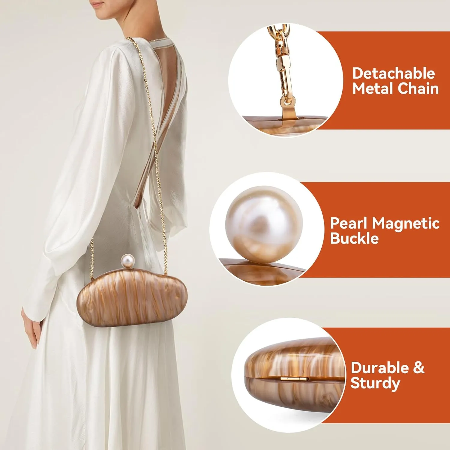 YYW Acrylic Evening Clutch Purses for Women Shell Marble Handbag Shoulder Bag with Pearl for Wedding Party Prom