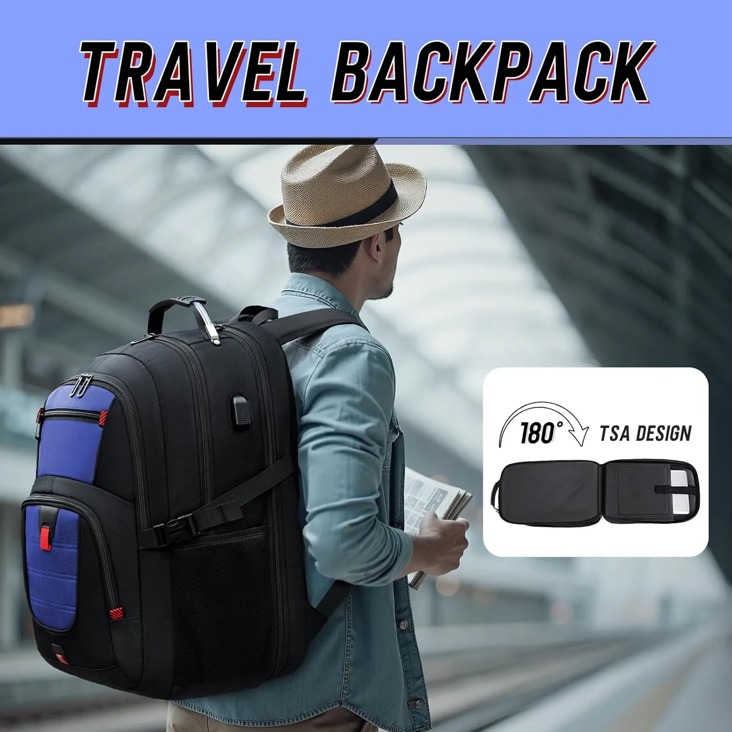 Z-MGKISS Large Travel Backpack for Men, TSA Flight Approved Business Backpack, USB Computer Bagpack Fits 17.3 Inch Laptop, Daypack Weekender Bag for Teacher College Work, Blue