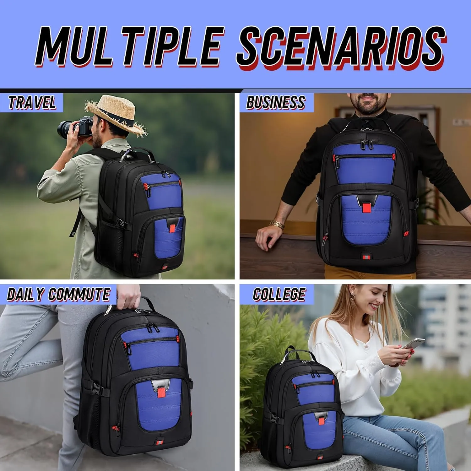Z-MGKISS Large Travel Backpack for Men, TSA Flight Approved Business Backpack, USB Computer Bagpack Fits 17.3 Inch Laptop, Daypack Weekender Bag for Teacher College Work, Blue