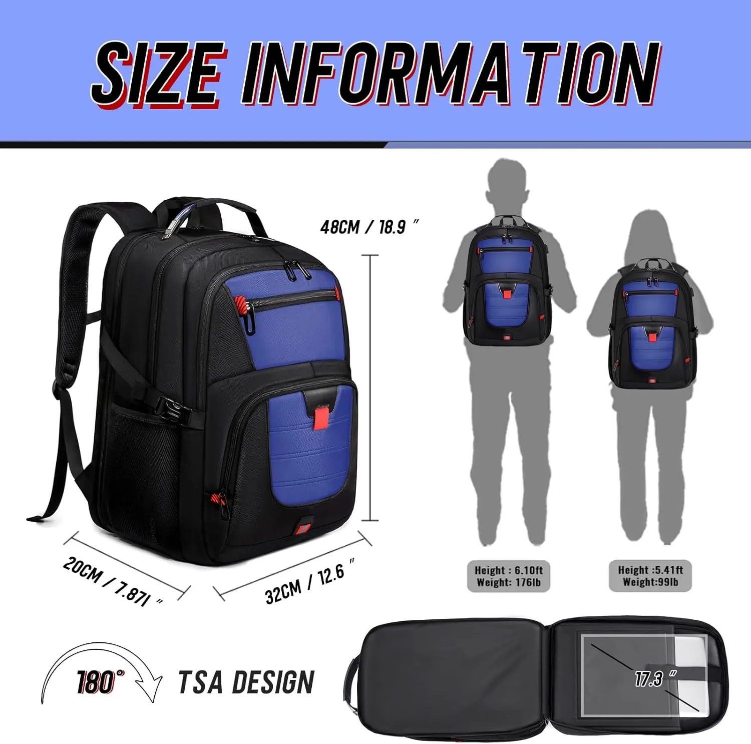 Z-MGKISS Large Travel Backpack for Men, TSA Flight Approved Business Backpack, USB Computer Bagpack Fits 17.3 Inch Laptop, Daypack Weekender Bag for Teacher College Work, Blue