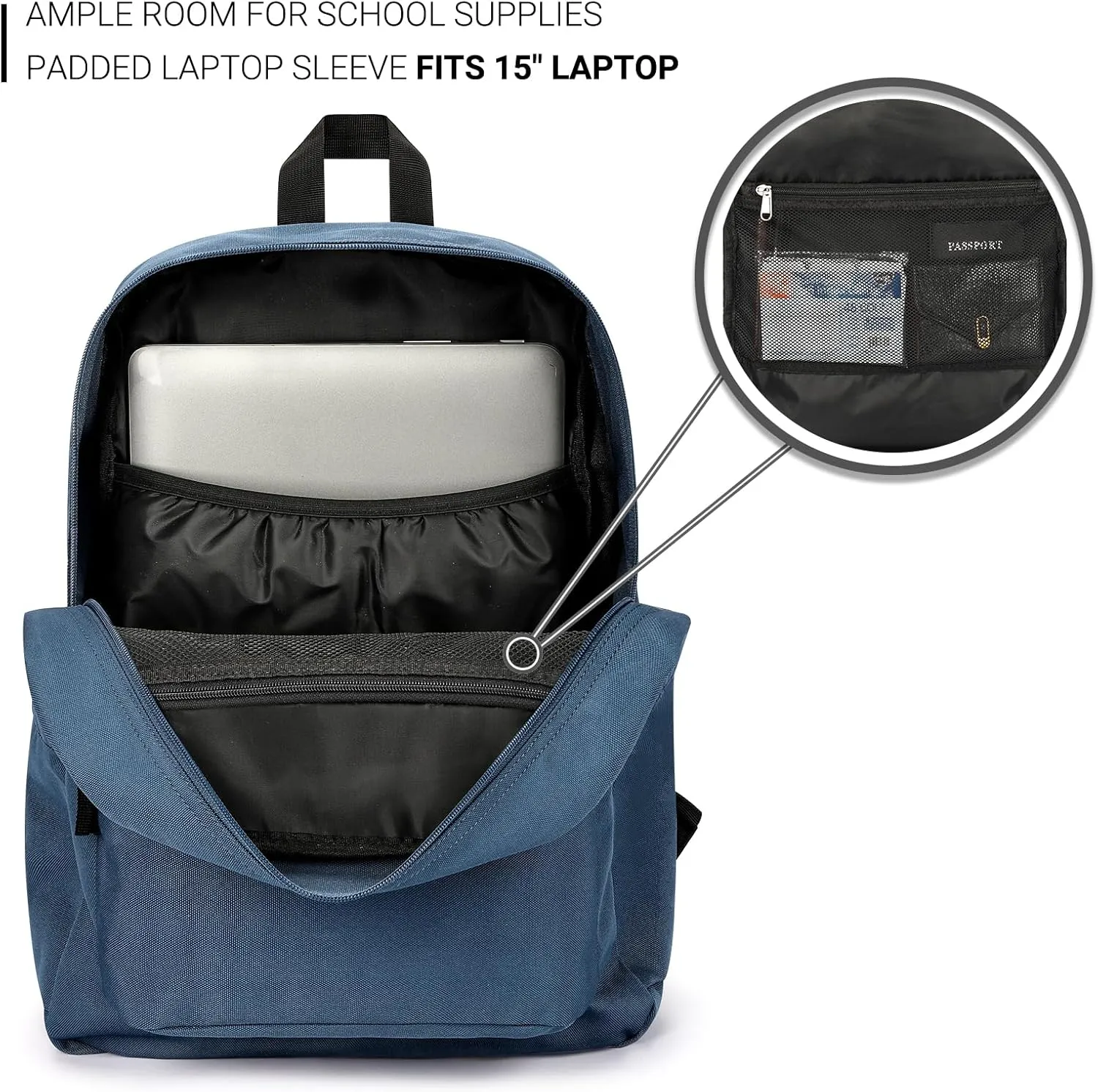 ZORFIN Basic Backpack for School Work Travel: Water Resistant Backpacks for Men and Women - Lightweight Bookbag for Girls and Boys - Navy